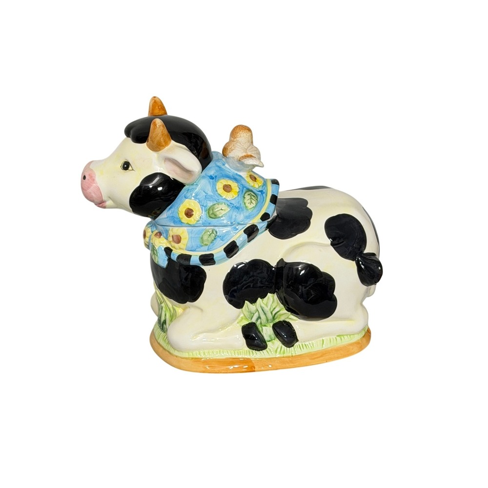 Intl Art Cow Cookie Jar Unisex OS Black White Floral Scarf Bird Farmhouse Decor